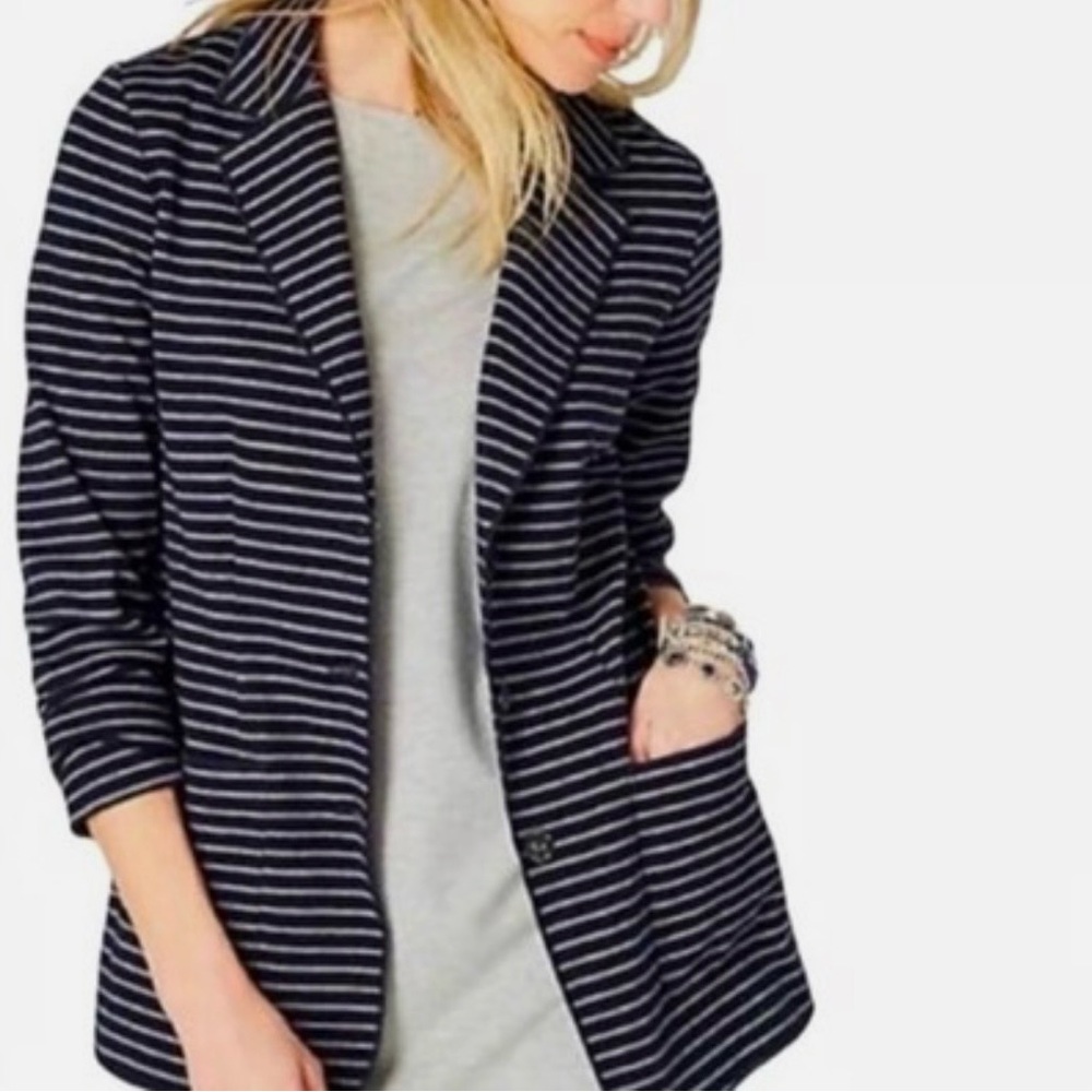 J. Jill Women’s Size Small‎ Navy & Gray Striped Knit Button Blazer Academia